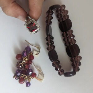 3pc Purple Red Jewelry Set (Beaded Bracelet, Ruby Gem Ring, Beaded  Earrings)